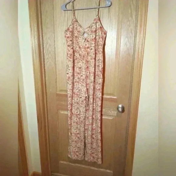SO women's wide leg orange floral jumpsuit beachy countryside soft size L - Picture 1 of 5